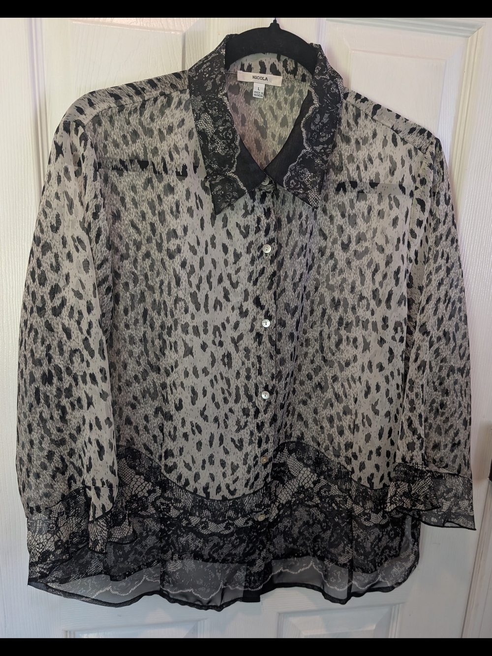 Nicola Sheer Leopard Print Blouse in Black and White Size L